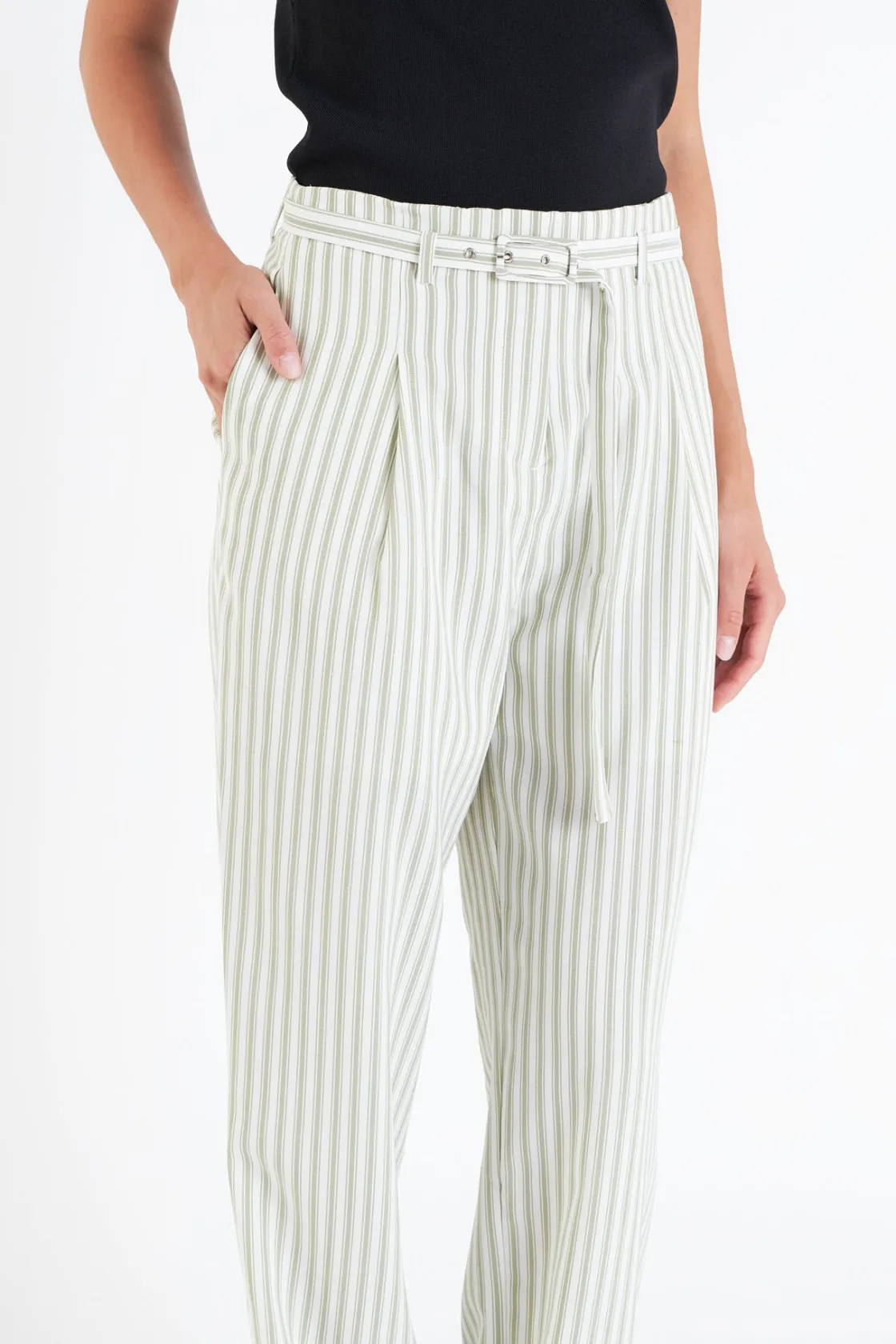 english_factory__high_wai_0-1.webp ENGLISH FACTORY Pants | Tops*- High Waisted Belted Striped Pants OFFWHITE/GREEN