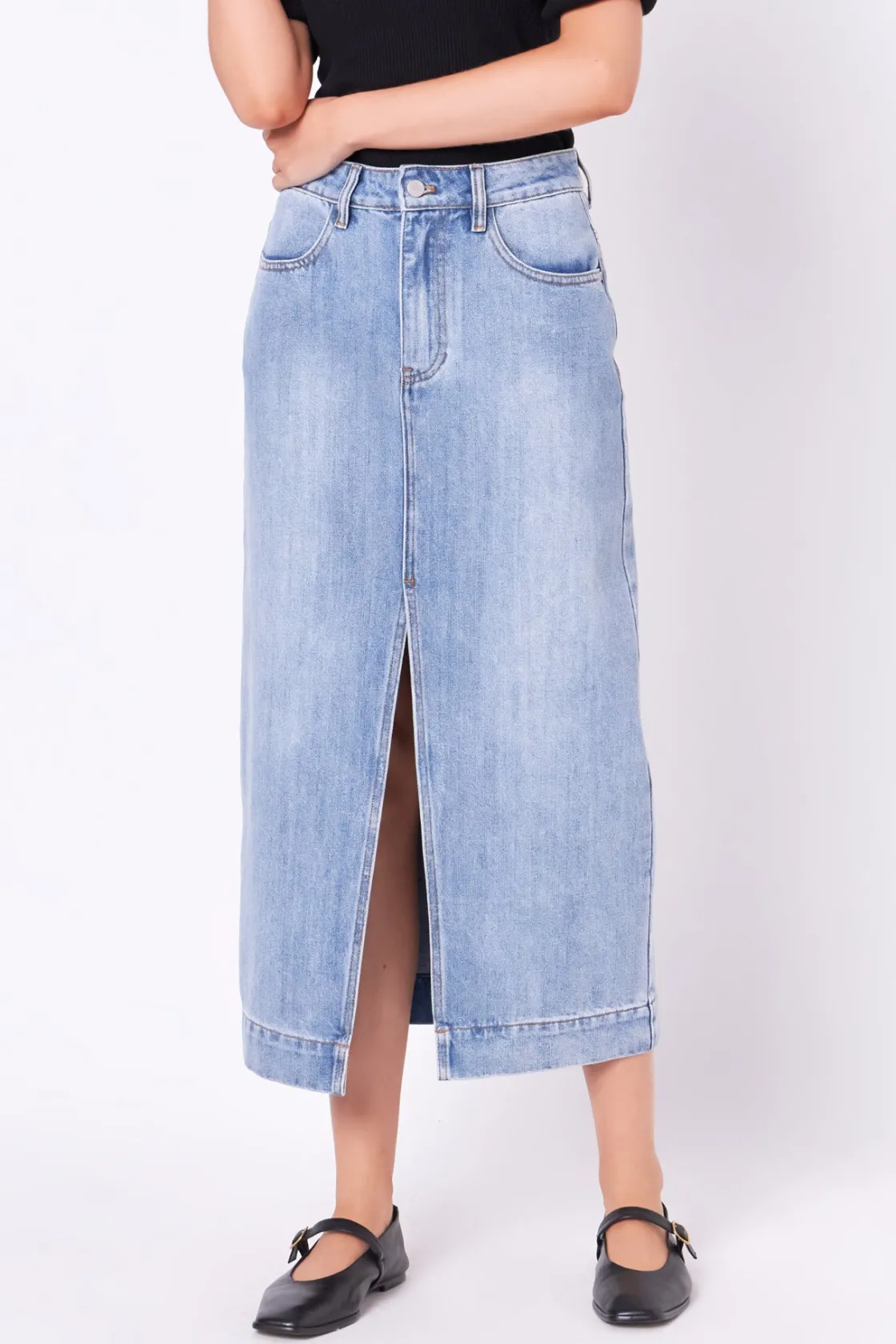 english_factory__high_wai_0-6.webp ENGLISH FACTORY Denim | Skirts*- High Waist Long Denim Skirt BLUE
