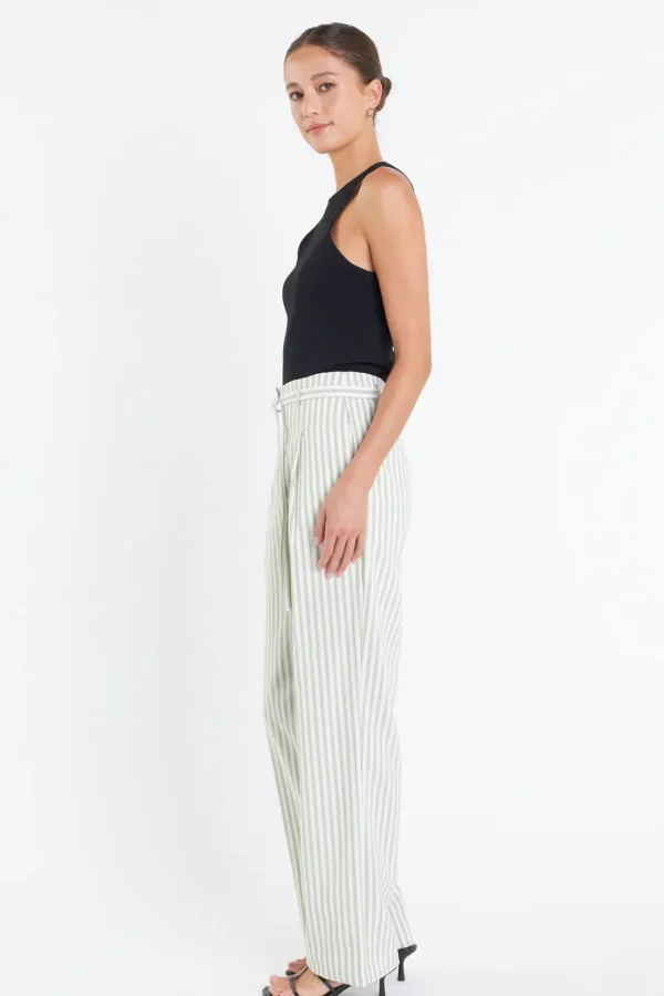 ENGLISH FACTORY Pants | Tops*- High Waisted Belted Striped Pants OFFWHITE/GREEN