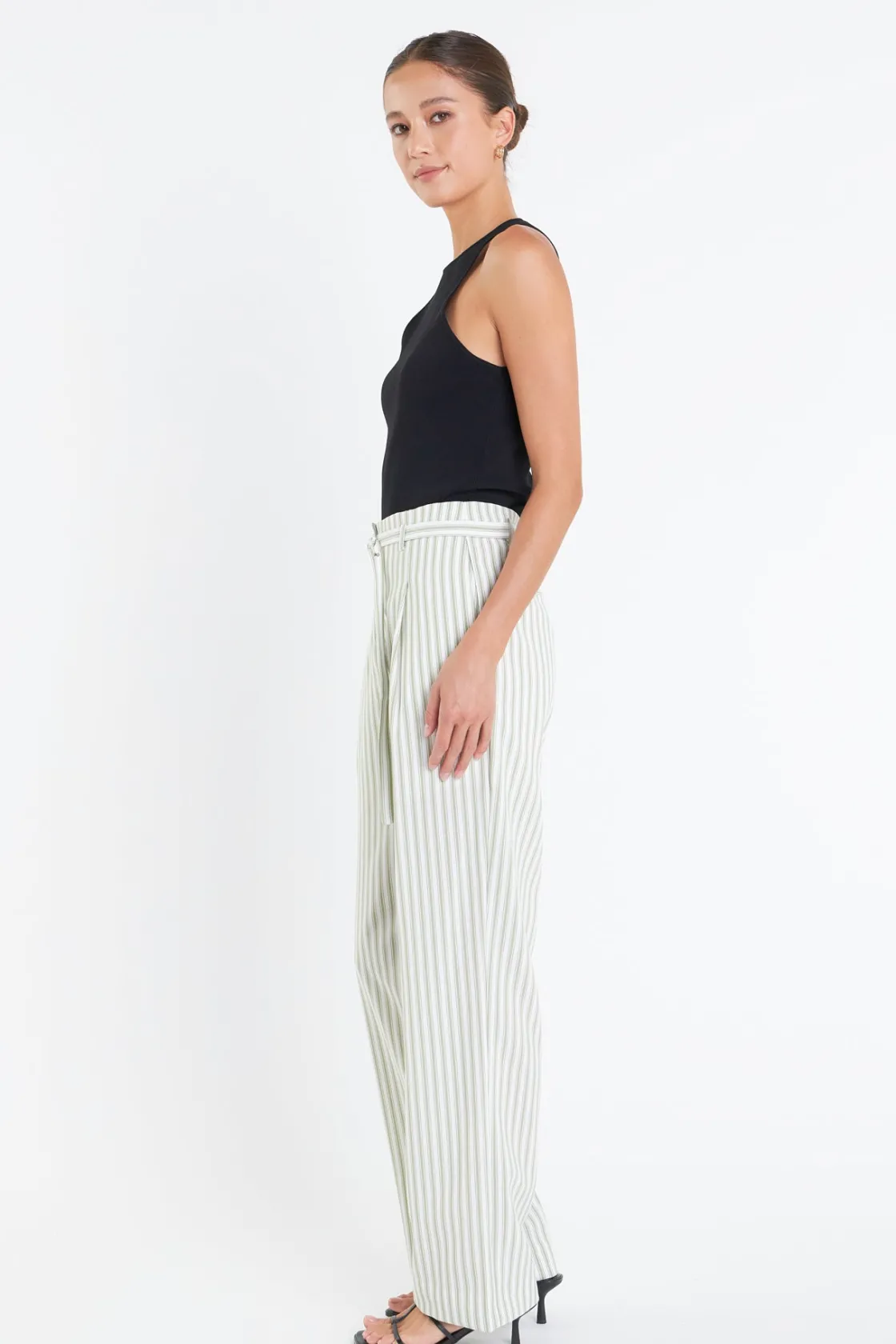 english_factory__high_wai_1-1.webp ENGLISH FACTORY Pants | Tops*- High Waisted Belted Striped Pants OFFWHITE/GREEN