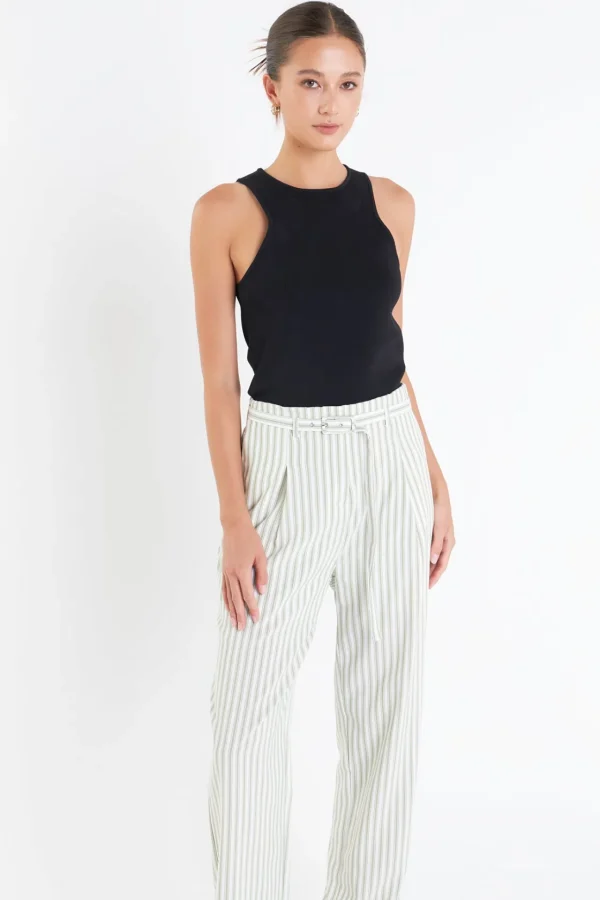 ENGLISH FACTORY Pants | Tops*- High Waisted Belted Striped Pants OFFWHITE/GREEN