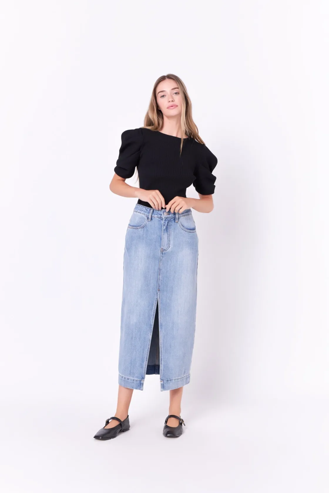 english_factory__high_wai_3-6.webp ENGLISH FACTORY Denim | Skirts*- High Waist Long Denim Skirt BLUE