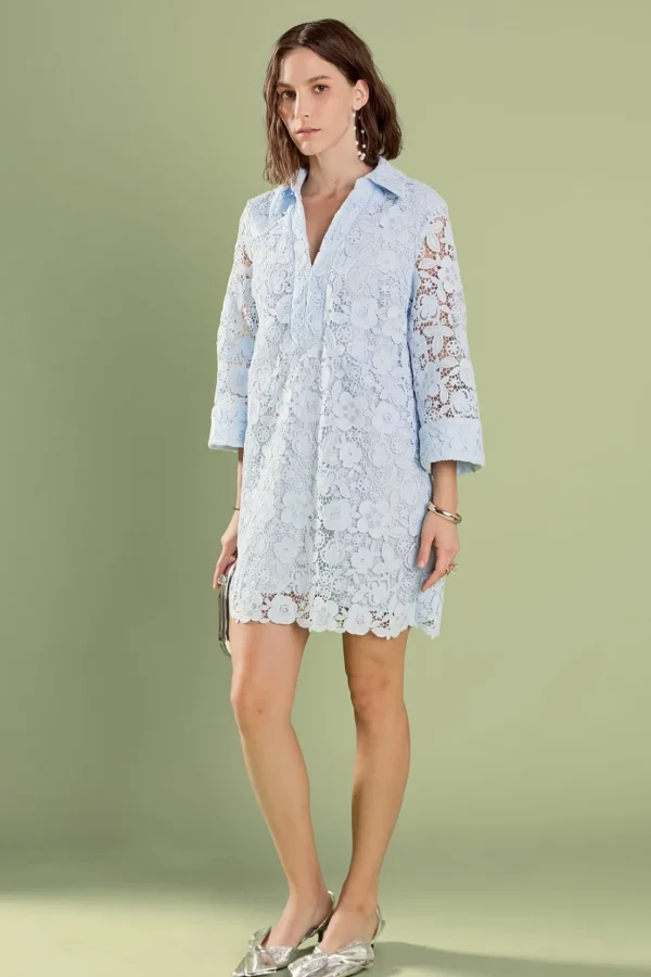 ENGLISH FACTORY Lace Dresses | Tops*- Iris Guipure Lace Mini Dress POWDERBLUE