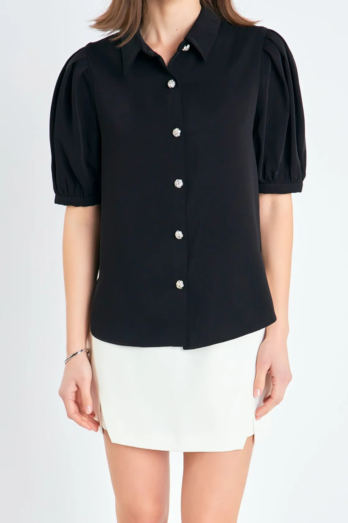 english_factory__jewel_bu_0.webp ENGLISH FACTORY Shirts & Blouses | Tops*- Jewel Button Puff Sleeve Top