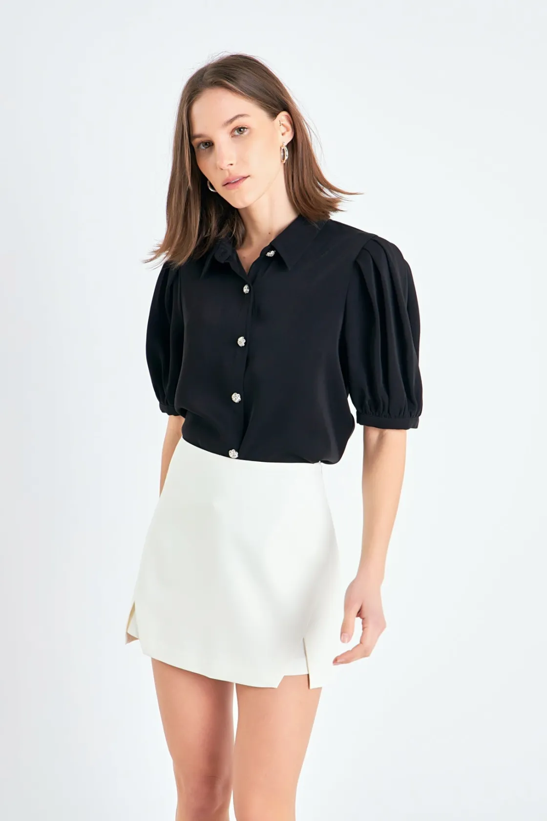 english_factory__jewel_bu_3.webp ENGLISH FACTORY Shirts & Blouses | Tops*- Jewel Button Puff Sleeve Top