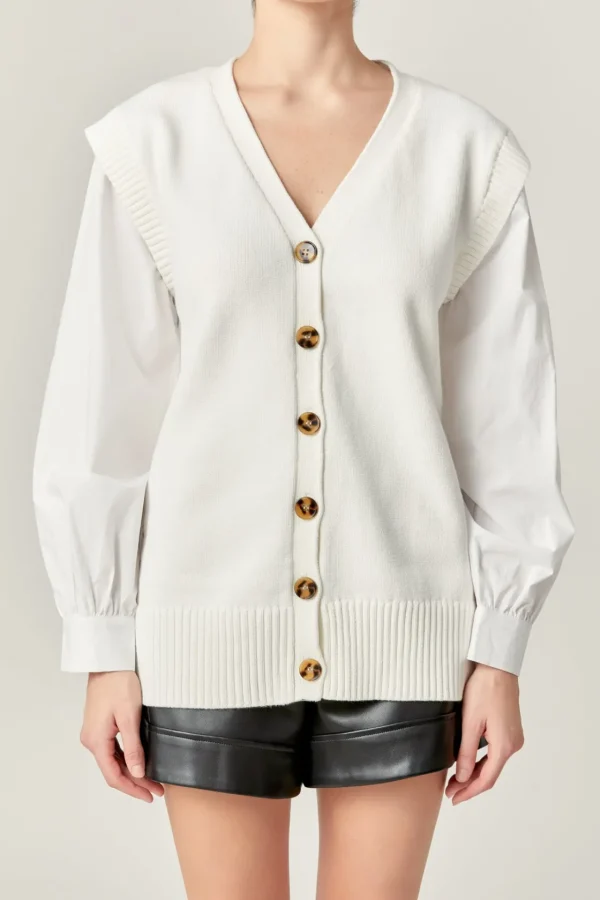 ENGLISH FACTORY Sweaters & Knits | Tops*- Knit and Poplin Combo Cardigan OFFWHITE