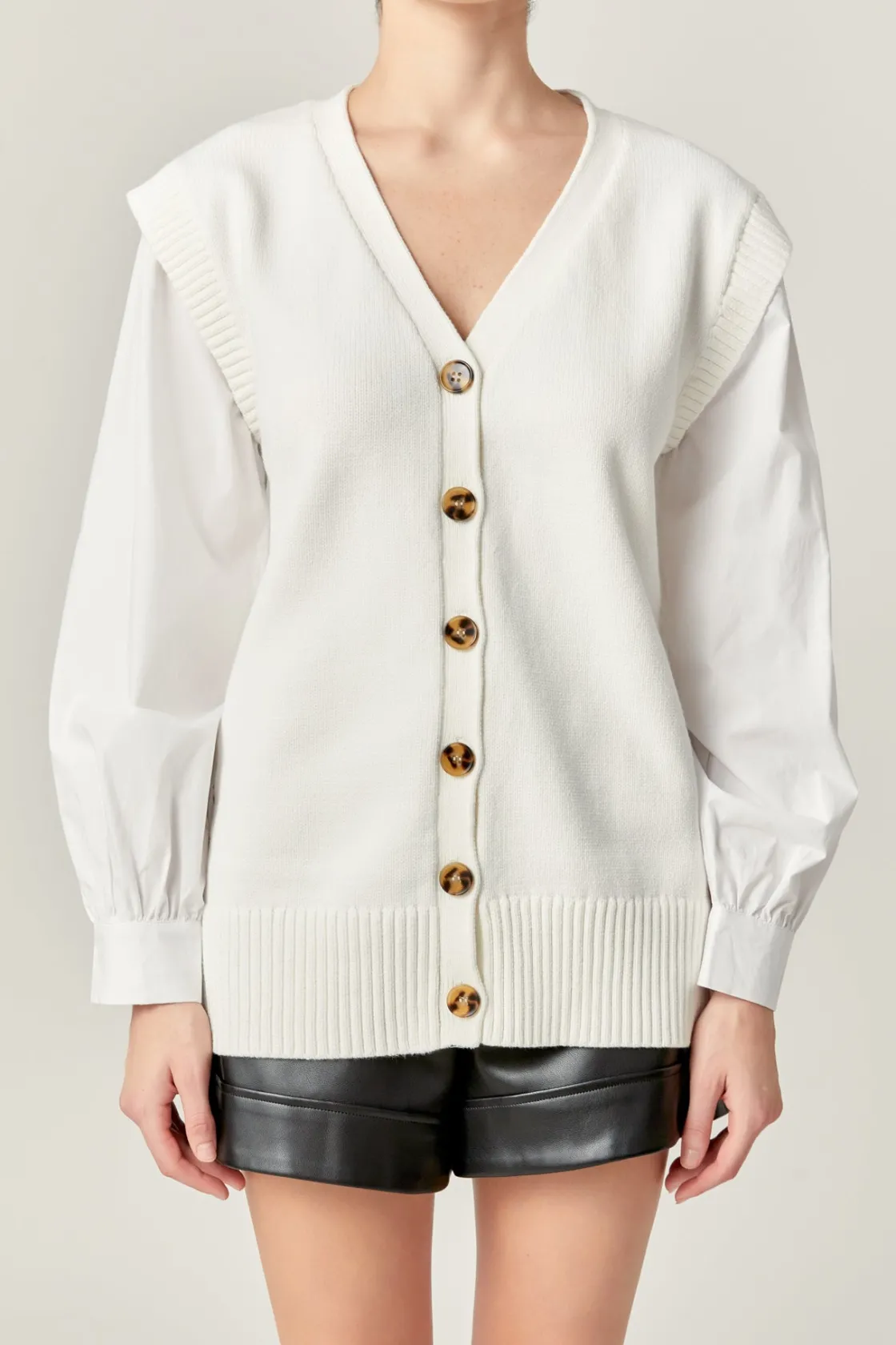 english_factory__knit_and_0.webp ENGLISH FACTORY Sweaters & Knits | Tops*- Knit and Poplin Combo Cardigan OFFWHITE