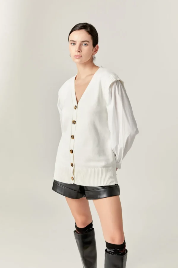 ENGLISH FACTORY Sweaters & Knits | Tops*- Knit and Poplin Combo Cardigan OFFWHITE