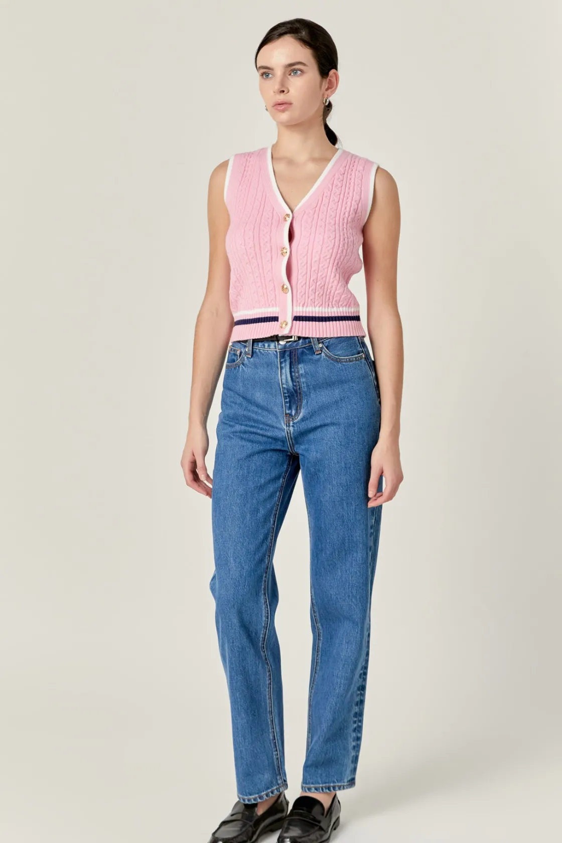 english_factory__knit_cab_1.webp ENGLISH FACTORY Vest | Tops*- Knit Cable Vest PINK