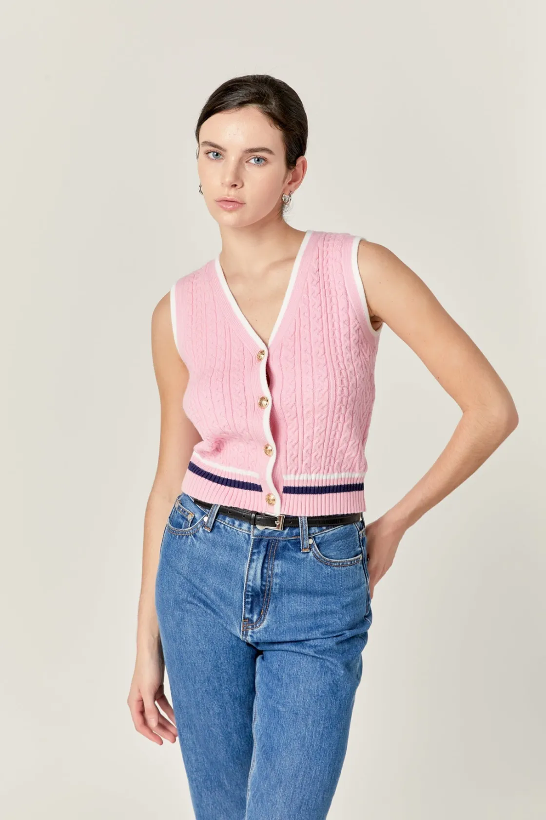 english_factory__knit_cab_3.webp ENGLISH FACTORY Vest | Tops*- Knit Cable Vest PINK