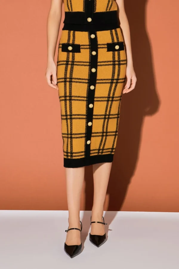 ENGLISH FACTORY Matching Sets | Skirts*- Knit Check Plaid Midi Skirt YELLOW/BLACK