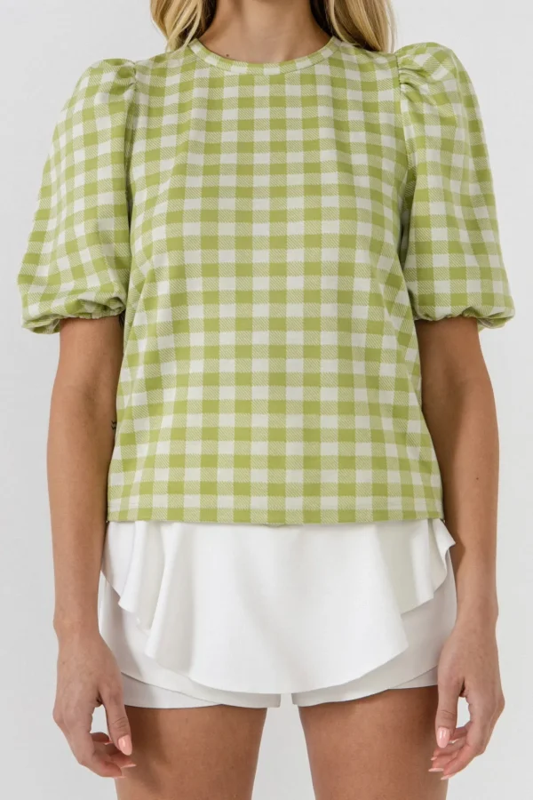 ENGLISH FACTORY Tops*- Knit Check Open Back Scrunchie Top GREEN