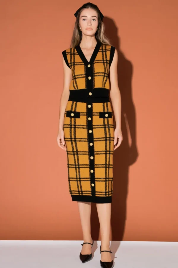 ENGLISH FACTORY Matching Sets | Skirts*- Knit Check Plaid Midi Skirt YELLOW/BLACK
