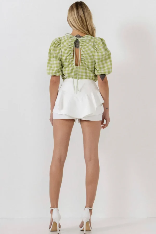 ENGLISH FACTORY Tops*- Knit Check Open Back Scrunchie Top GREEN