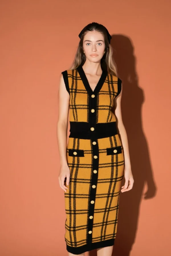ENGLISH FACTORY Matching Sets | Skirts*- Knit Check Plaid Midi Skirt YELLOW/BLACK
