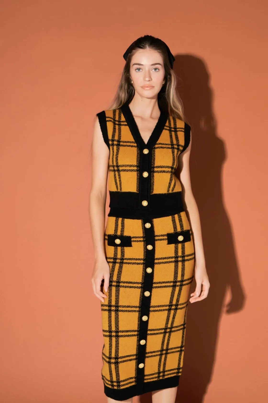 english_factory__knit_che_3-1.webp ENGLISH FACTORY Matching Sets | Skirts*- Knit Check Plaid Midi Skirt YELLOW/BLACK