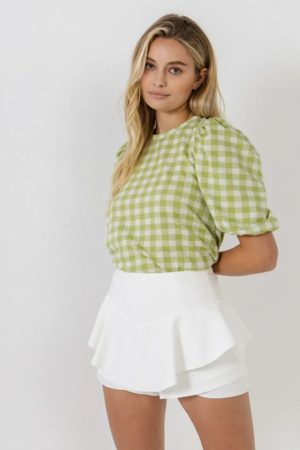 ENGLISH FACTORY Tops*- Knit Check Open Back Scrunchie Top GREEN