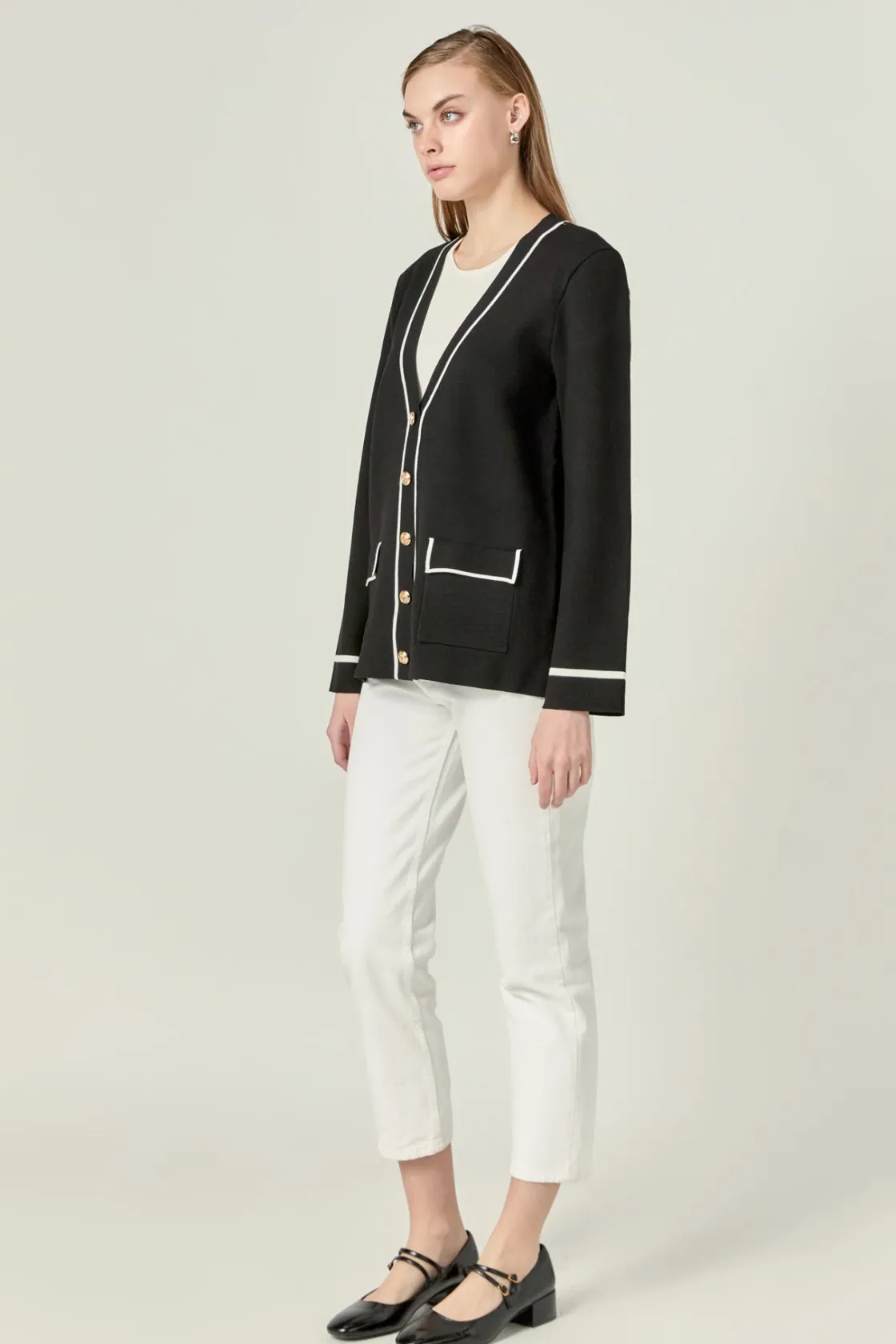 english_factory__knit_con_1.webp ENGLISH FACTORY Matching Sets | Jackets & Coats*- Knit Contrast Cardigan BLACK/WHITE