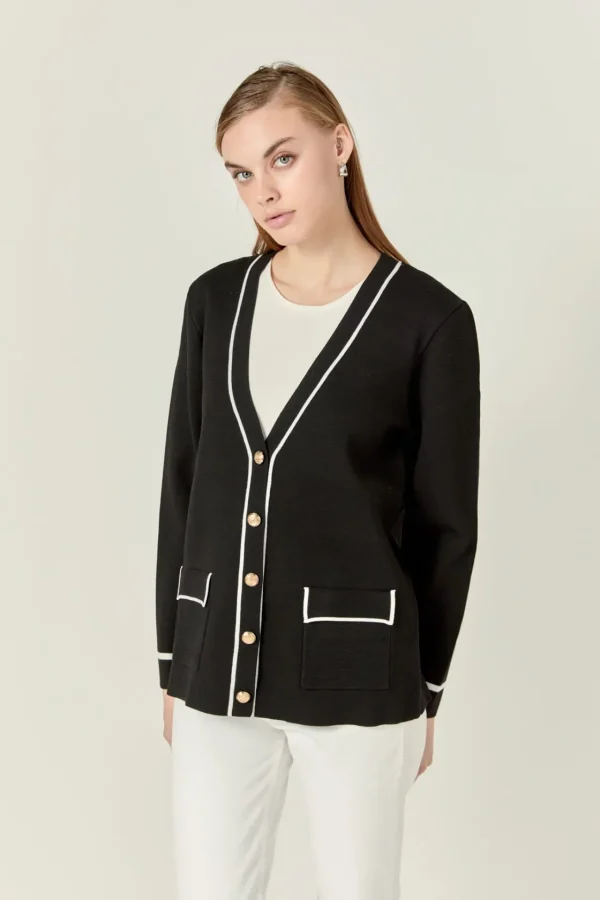 ENGLISH FACTORY Matching Sets | Jackets & Coats*- Knit Contrast Cardigan BLACK/WHITE