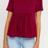 ENGLISH FACTORY Tops*- Knit Poplin Mixed Ruffle Top BURGUNDY