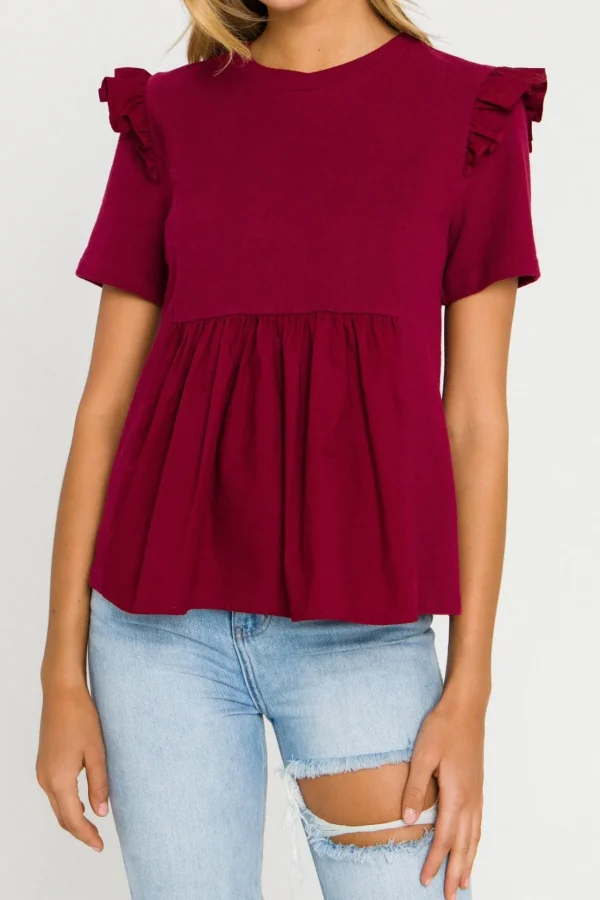 ENGLISH FACTORY Tops*- Knit Poplin Mixed Ruffle Top BURGUNDY