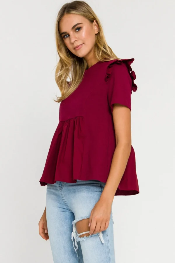 ENGLISH FACTORY Tops*- Knit Poplin Mixed Ruffle Top BURGUNDY