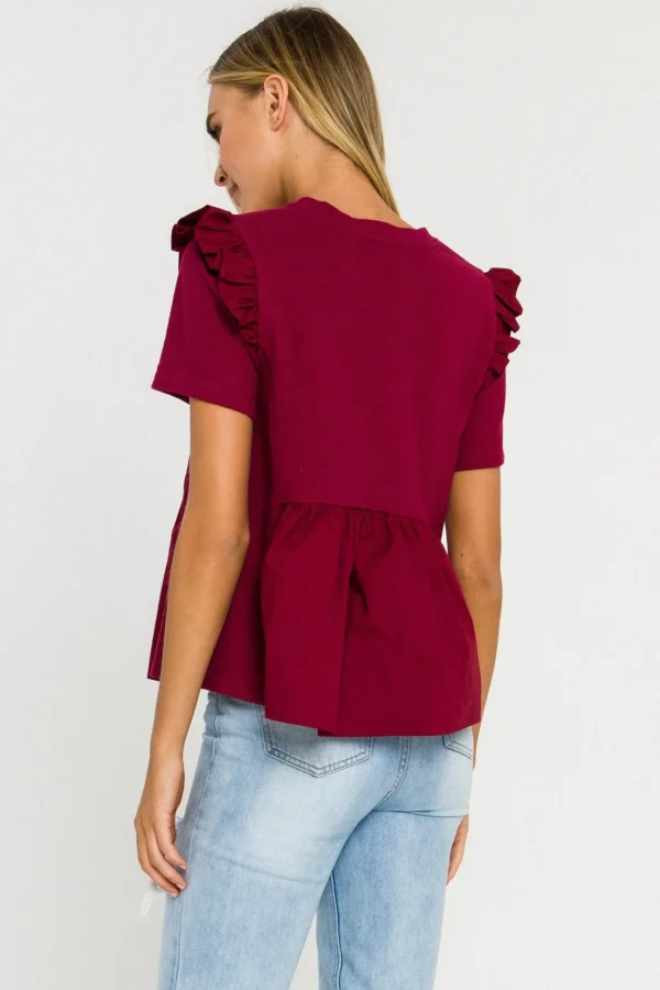 ENGLISH FACTORY Tops*- Knit Poplin Mixed Ruffle Top BURGUNDY