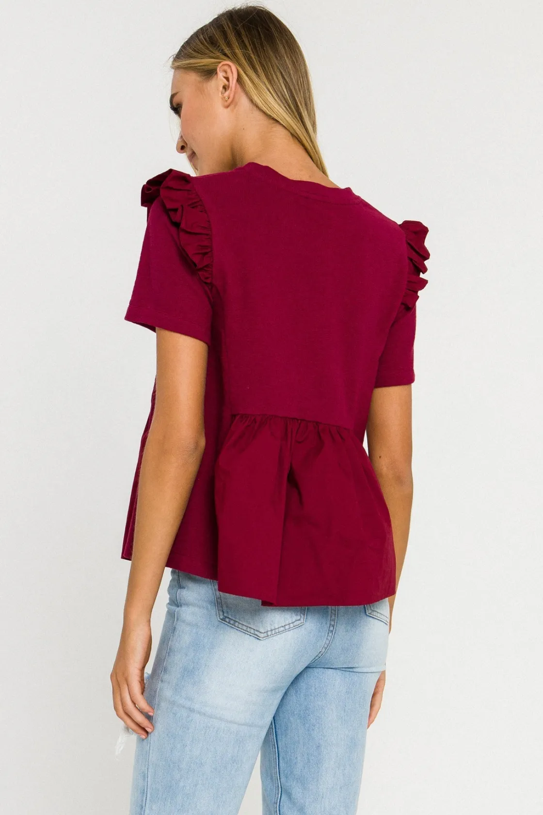 english_factory__knit_pop_2.webp ENGLISH FACTORY Tops*- Knit Poplin Mixed Ruffle Top BURGUNDY