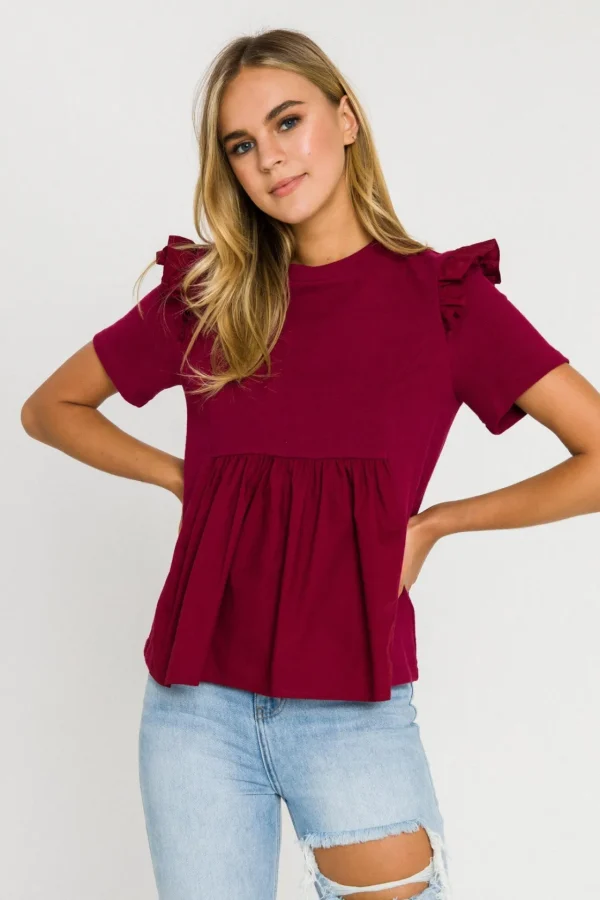 ENGLISH FACTORY Tops*- Knit Poplin Mixed Ruffle Top BURGUNDY