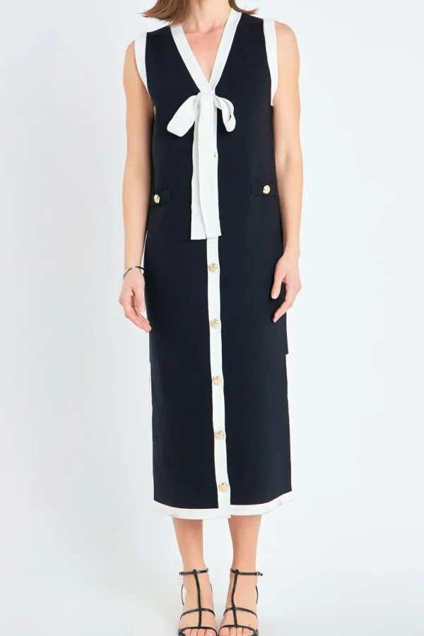 ENGLISH FACTORY Tops*- Knit Sleeveless Midi Dress With Ribbon Tie BLACK/CREAM