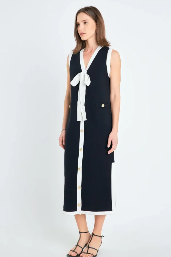 ENGLISH FACTORY Tops*- Knit Sleeveless Midi Dress With Ribbon Tie BLACK/CREAM