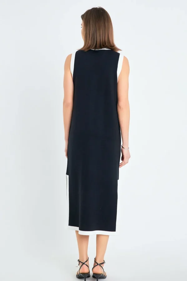 ENGLISH FACTORY Tops*- Knit Sleeveless Midi Dress With Ribbon Tie BLACK/CREAM