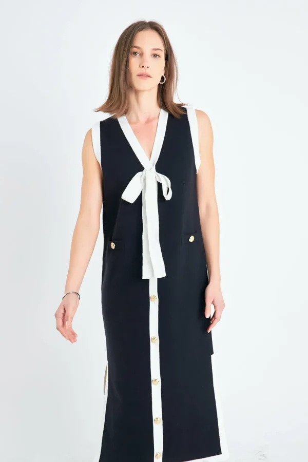 ENGLISH FACTORY Tops*- Knit Sleeveless Midi Dress With Ribbon Tie BLACK/CREAM