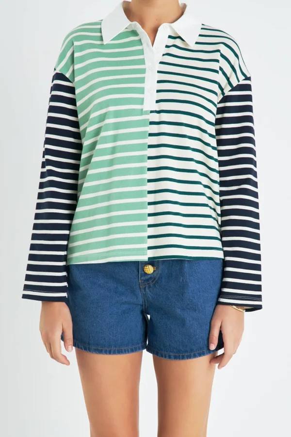 ENGLISH FACTORY Tops*- Knit Stripe Color Block Polo Sleeves Top MULTI