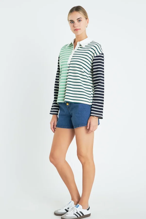 ENGLISH FACTORY Tops*- Knit Stripe Color Block Polo Sleeves Top MULTI