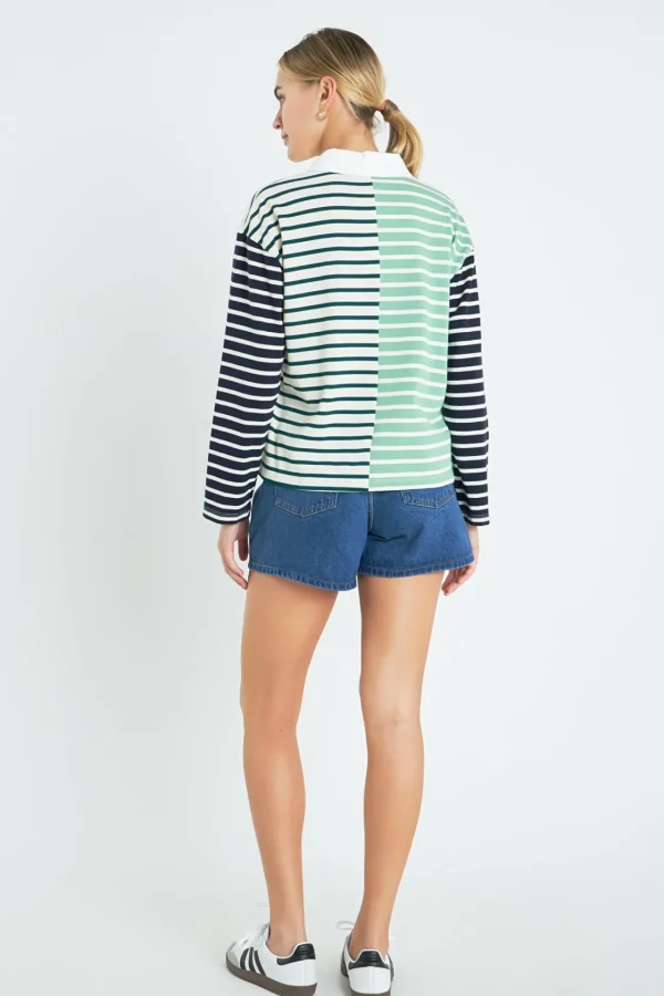 ENGLISH FACTORY Tops*- Knit Stripe Color Block Polo Sleeves Top MULTI