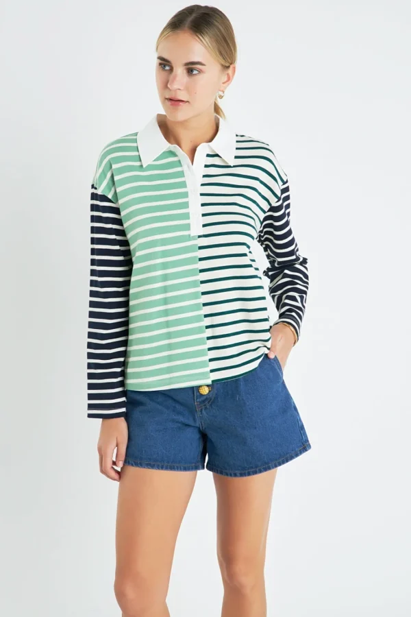ENGLISH FACTORY Tops*- Knit Stripe Color Block Polo Sleeves Top MULTI