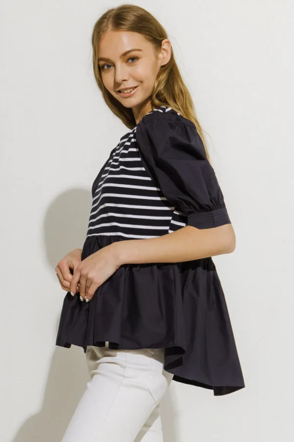 ENGLISH FACTORY Tops*- Knit With Poplin Mixed Top WHITECOMBO