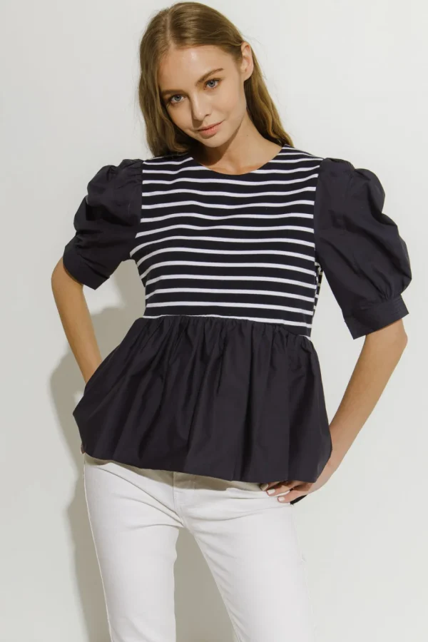 ENGLISH FACTORY Tops*- Knit With Poplin Mixed Top WHITECOMBO
