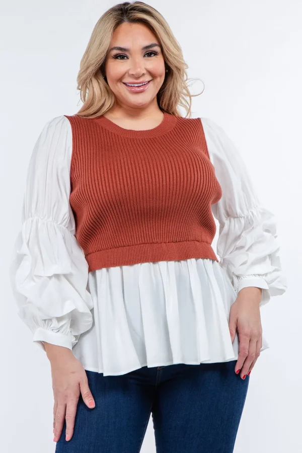 ENGLISH FACTORY Sweaters & Knits | Tops*- Knit Woven Combo Top BROWNCOMBO
