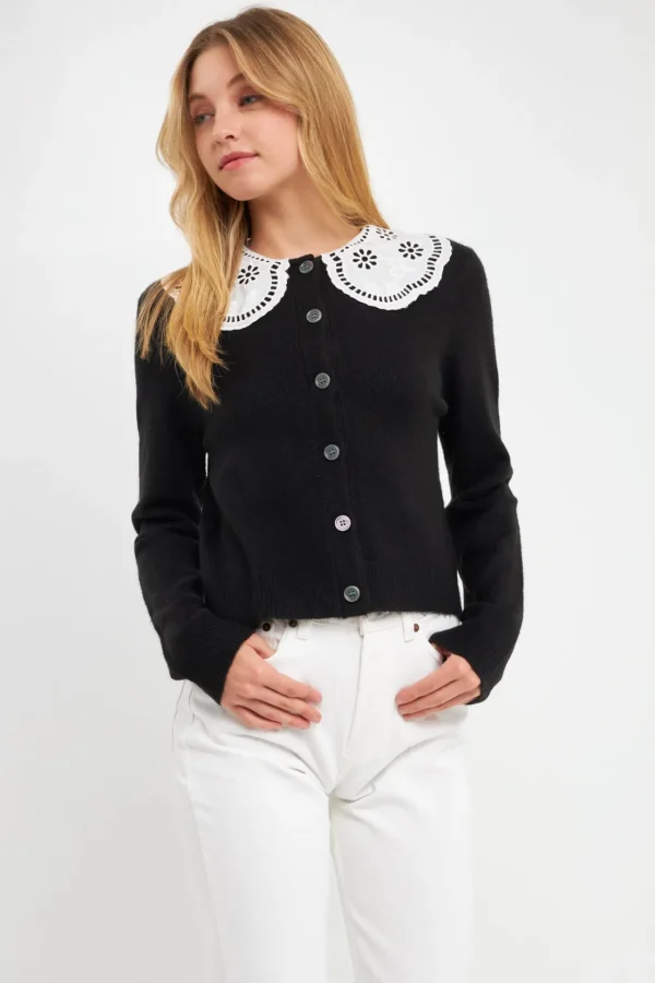 ENGLISH FACTORY Cardigans*- Lace Collar Cardigan BLACK