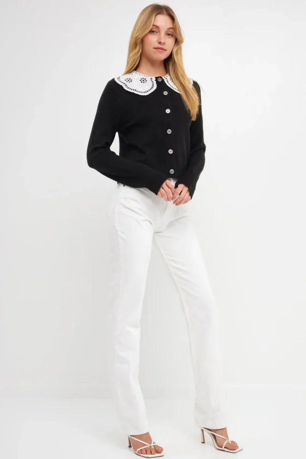 ENGLISH FACTORY Cardigans*- Lace Collar Cardigan BLACK