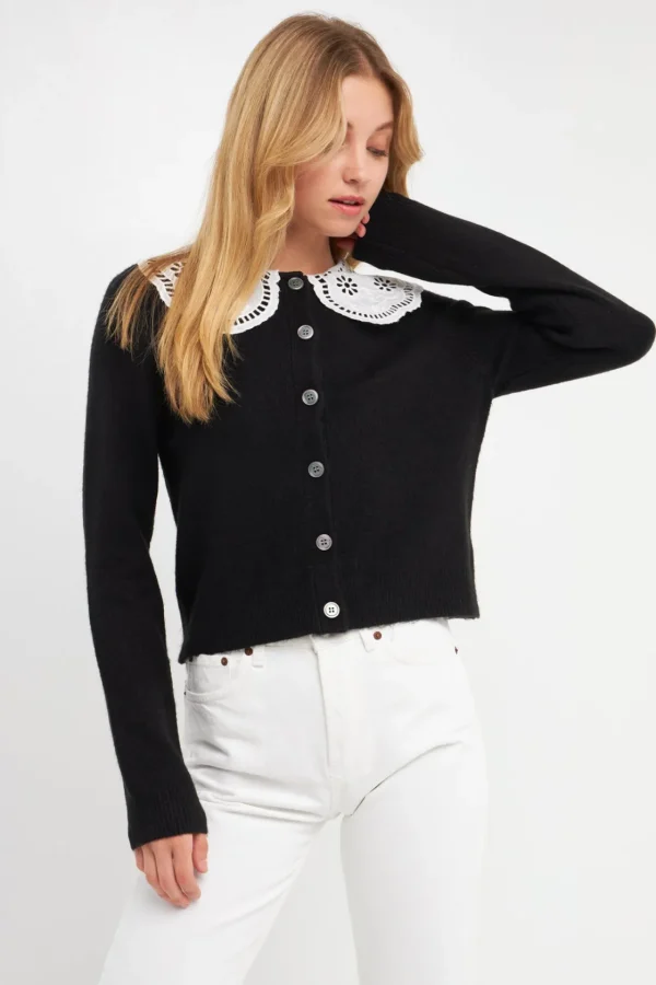 ENGLISH FACTORY Cardigans*- Lace Collar Cardigan BLACK
