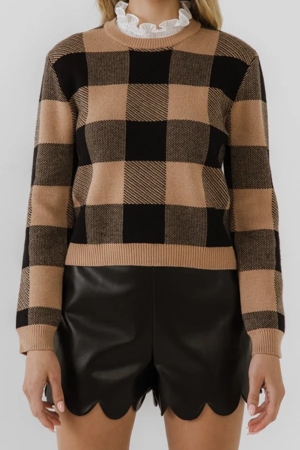 ENGLISH FACTORY Sweaters & Knits*- Lace Detail with Check Sweater TAN/BLACK