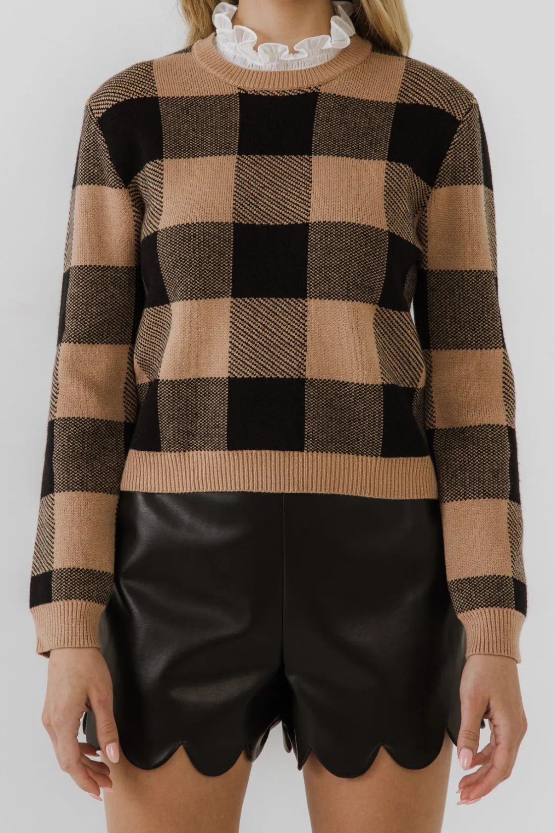 english_factory__lace_det_0.webp ENGLISH FACTORY Sweaters & Knits*- Lace Detail with Check Sweater TAN/BLACK