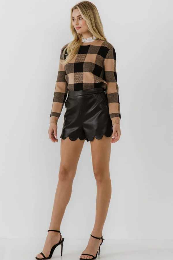 ENGLISH FACTORY Sweaters & Knits*- Lace Detail with Check Sweater TAN/BLACK
