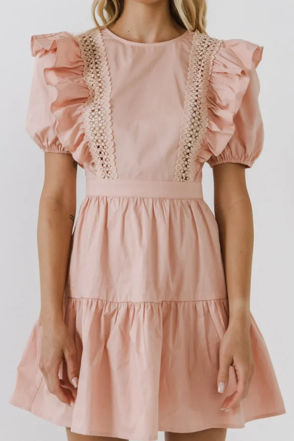 ENGLISH FACTORY Lace Dresses*- Lace Inserted Dress with Puff Sleeves BLUSH