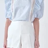 ENGLISH FACTORY Tops*- Lace Inserted Top with Puff Sleeves BLUE