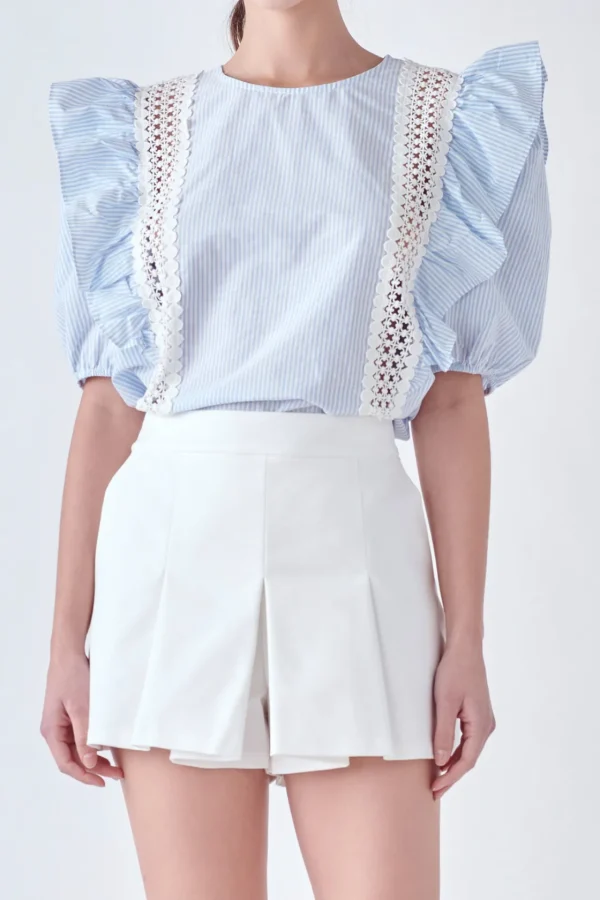 ENGLISH FACTORY Tops*- Lace Inserted Top with Puff Sleeves BLUE