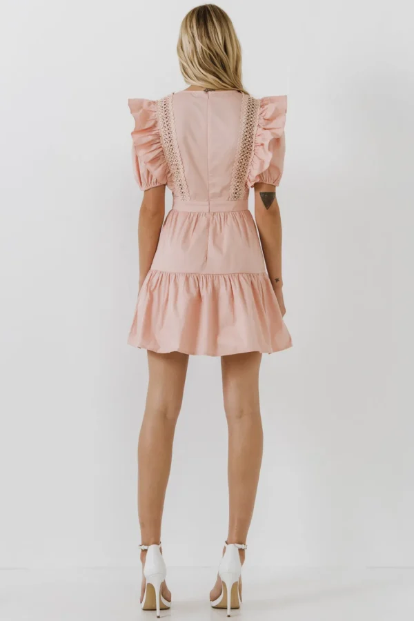 ENGLISH FACTORY Lace Dresses*- Lace Inserted Dress with Puff Sleeves BLUSH